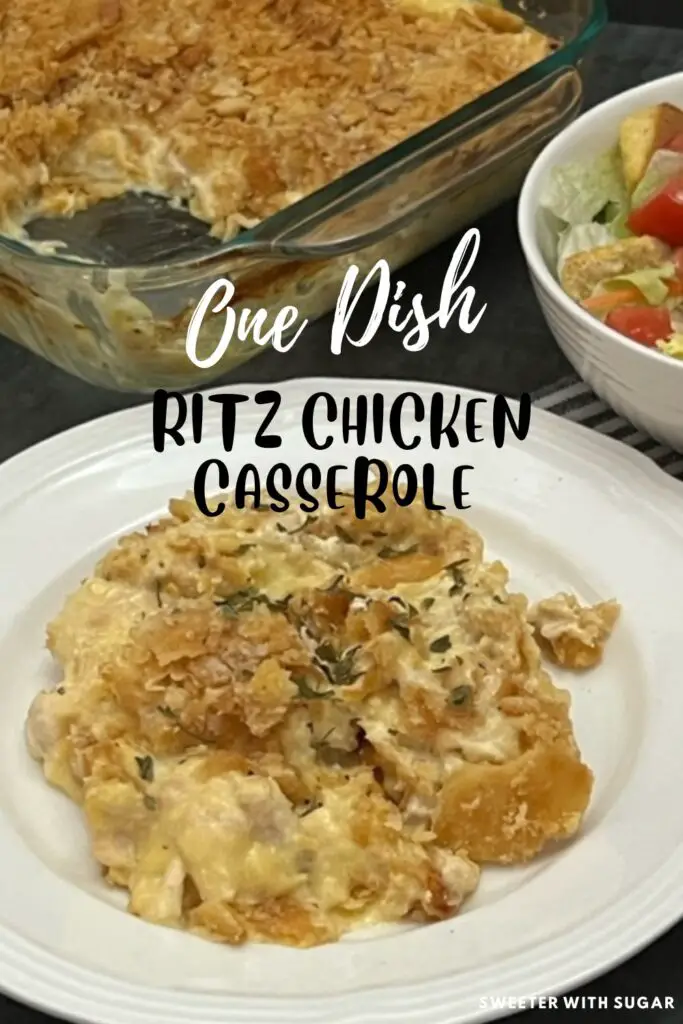 One Dish Ritz Chicken Casserole is a simple pantry recipe you can have in the oven in just a minutes. #RitzCrackers #EasyCasseroles #PantryRecipes #ChickenCasseroles #CannedChickenRecipes