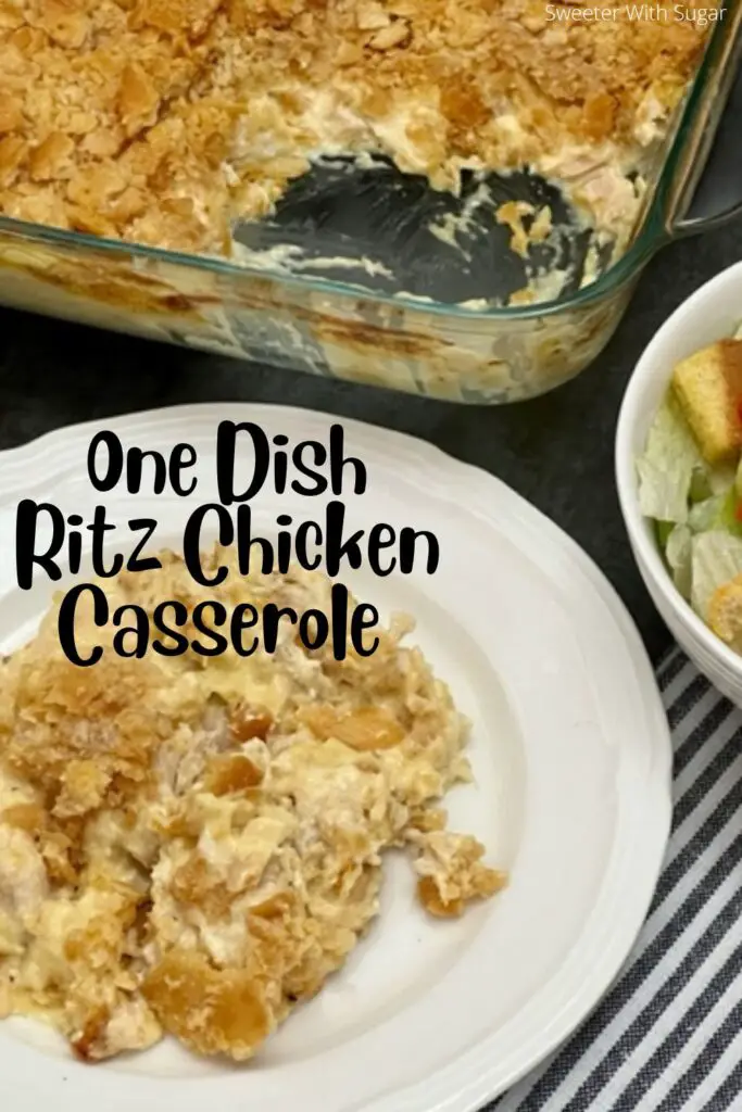 One Dish Ritz Chicken Casserole is a simple pantry recipe you can have in the oven in just a minutes. #RitzCrackers #EasyCasseroles #PantryRecipes #ChickenCasseroles #CannedChickenRecipes