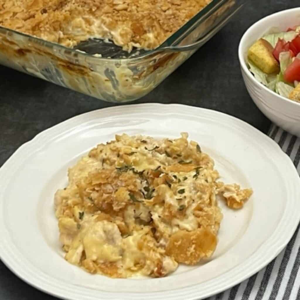 One Dish Ritz Chicken Casserole is a simple pantry recipe you can have in the oven in just a minutes. #RitzCrackers #EasyCasseroles #PantryRecipes #ChickenCasseroles #CannedChickenRecipes