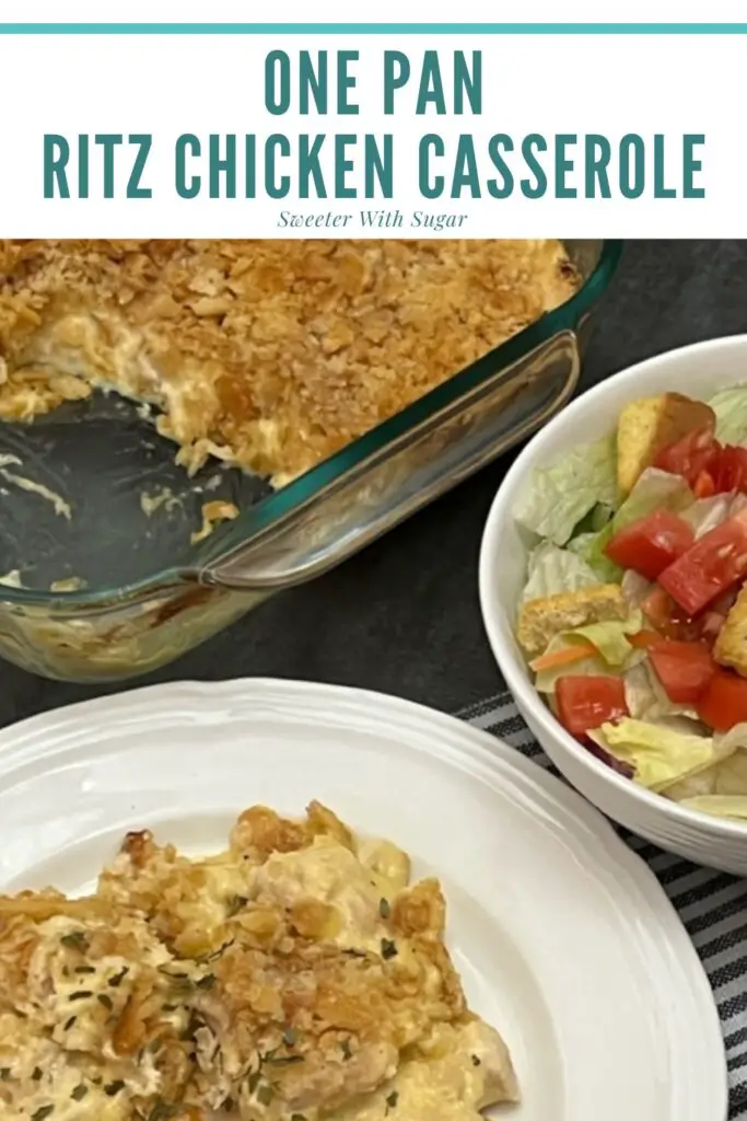 One Dish Ritz Chicken Casserole is a simple pantry recipe you can have in the oven in just a minutes. #RitzCrackers #EasyCasseroles #PantryRecipes #ChickenCasseroles #CannedChickenRecipes