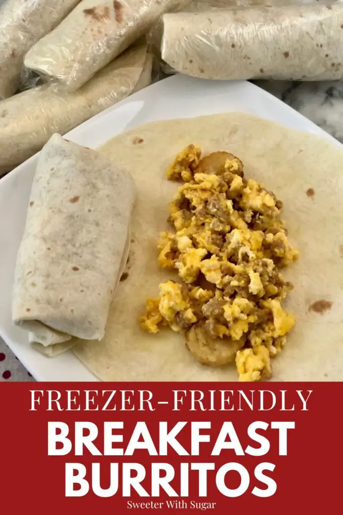 Make-Ahead, Freezer Friendly Breakfast Burritos are perfect for busy mornings. The kids will love them before school. #FreezerMeals #Burritos #Breakfast #EasyRecipes #Eggs #Sausage #Turkey