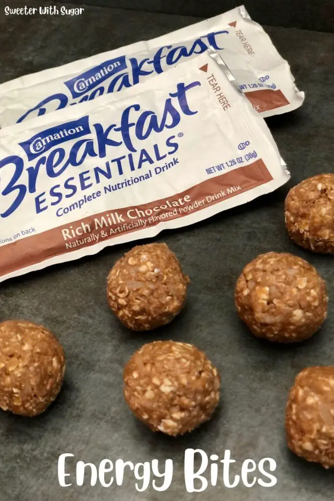 Energy Bites are made with yummy ingredients including Carnation Breakfast Essential drink mix. These energy bites have great flavor-the kids will love these too. #ProteinCookies #ProteinBites #SnackRecipes #Chocolate #CarnationBreakfastEssentials #Cookies