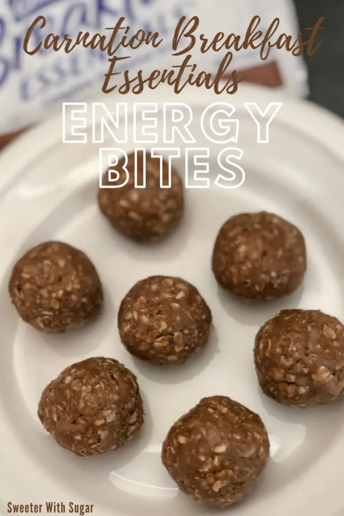 Energy Bites are made with yummy ingredients including Carnation Breakfast Essential drink mix. These energy bites have great flavor-the kids will love these too. #ProteinCookies #ProteinBites #SnackRecipes #Chocolate #CarnationBreakfastEssentials #Cookies