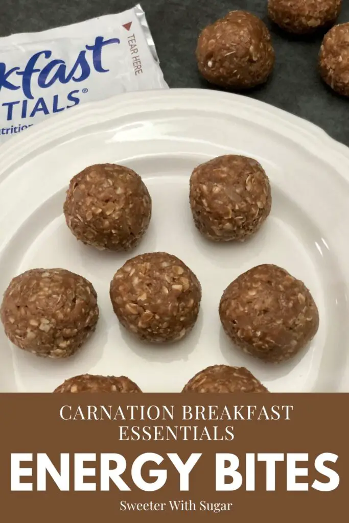 Energy Bites are made with yummy ingredients including Carnation Breakfast Essential drink mix. These energy bites have great flavor-the kids will love these too. #ProteinCookies #ProteinBites #SnackRecipes #Chocolate #CarnationBreakfastEssentials #Cookies