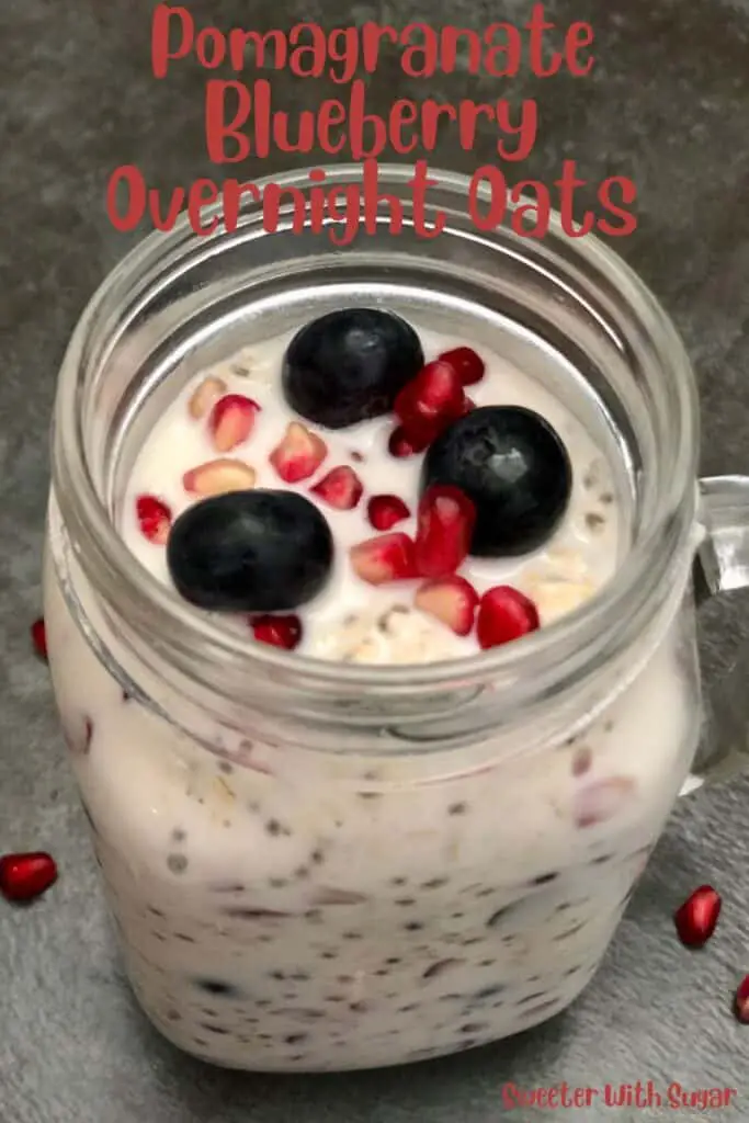 Pomegranate Blueberry Overnight Oats is a simple breakfast recipe you put together the night before and breakfast is ready when you wake up. #BreakfastRecipes #OvernightRecipes #Oats #Oatmeal #OvernightOatmeal #Blueberries #Pomegranate