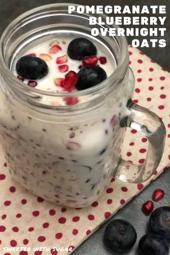 Pomegranate Blueberry Overnight Oats is a simple breakfast recipe you put together the night before and breakfast is ready when you wake up. #BreakfastRecipes #OvernightRecipes #Oats #Oatmeal #OvernightOatmeal #Blueberries #Pomegranate