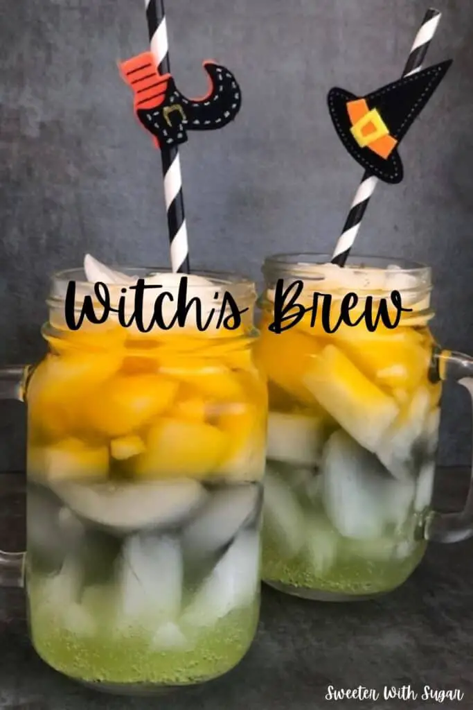 Witch's Brew is a fun drink recipe for Halloween. The kids will love the colors and how they are layered. #Halloween #KidRecipes #Drinks #LayeredDrinks #HolidayRecipes #FunRecipes 