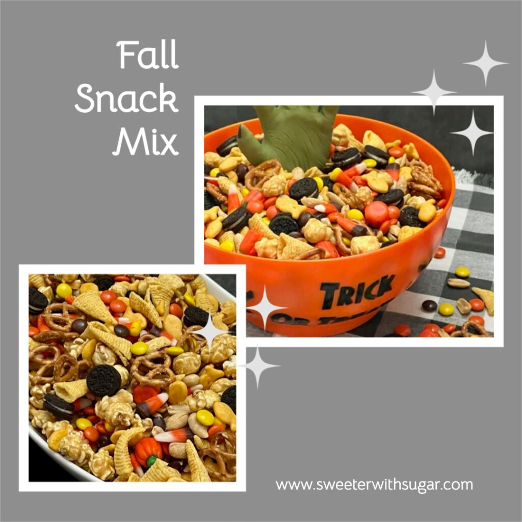 Fall Snack Mix is a fun and yummy snack mix that has everything you need-chocolate, sweet, salty and crunchy! #SnackMix #PartyIdeas #ChexMix #FallRecipes #FallSnackMixes #HalloweenSnackMix #ThanksgivingSnackMix