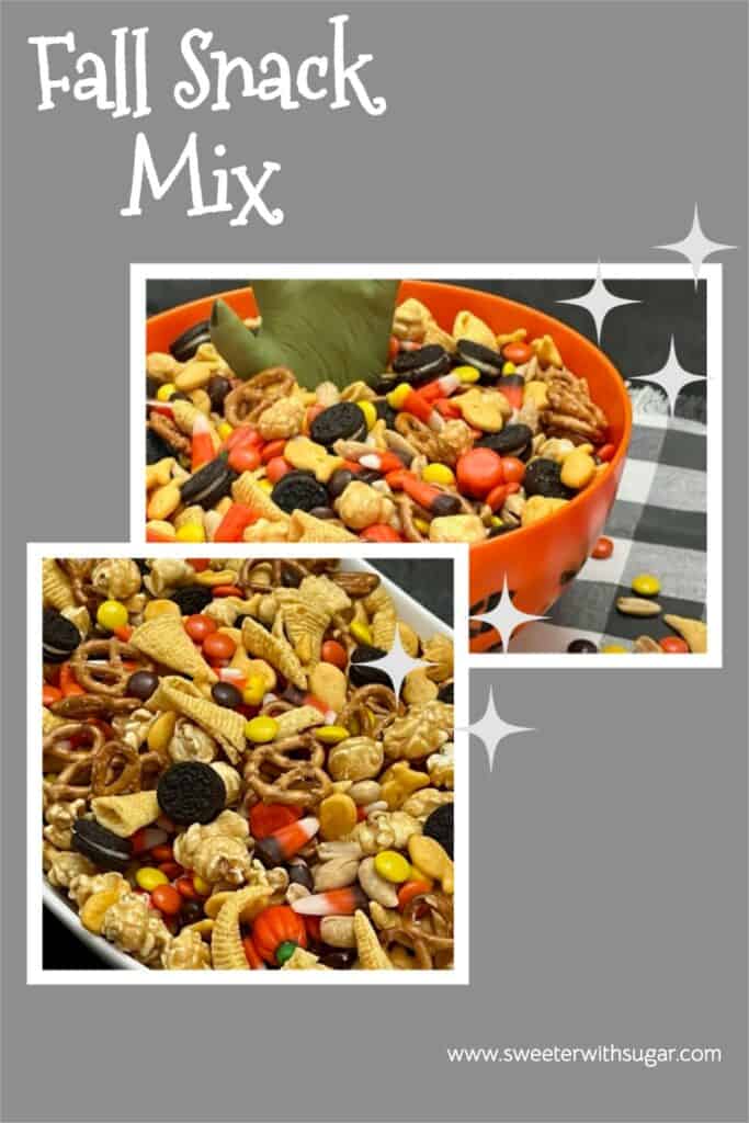 Fall Snack Mix is a fun and yummy snack mix that has everything you need-chocolate, sweet, salty and crunchy! #SnackMix #PartyIdeas #ChexMix #FallRecipes #FallSnackMixes #HalloweenSnackMix #ThanksgivingSnackMix