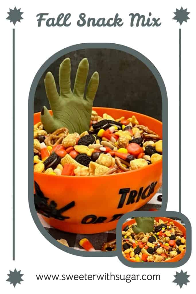 Fall Snack Mix is a fun and yummy snack mix that has everything you need-chocolate, sweet, salty and crunchy! #SnackMix #PartyIdeas #ChexMix #FallRecipes #FallSnackMixes #HalloweenSnackMix #ThanksgivingSnackMix