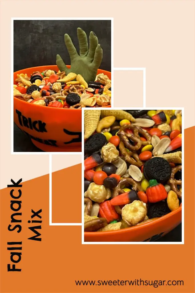 Fall Snack Mix is a fun and yummy snack mix that has everything you need-chocolate, sweet, salty and crunchy! #SnackMix #PartyIdeas #ChexMix #FallRecipes #FallSnackMixes #HalloweenSnackMix #ThanksgivingSnackMix