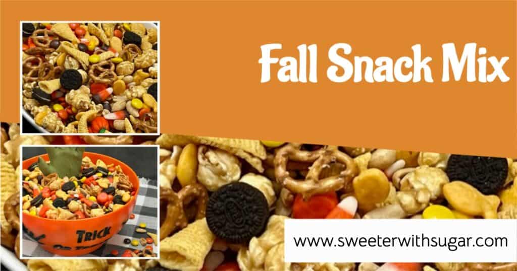 Fall Snack Mix is a fun and yummy snack mix that has everything you need-chocolate, sweet, salty and crunchy! #SnackMix #PartyIdeas #ChexMix #FallRecipes #FallSnackMixes #HalloweenSnackMix #ThanksgivingSnackMix