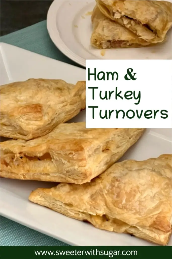 Ham and Turkey Turnovers are the perfect way to use diced turkey and ham that you have leftover from holiday dinners. The puff pastry makes these turnovers extra yummy. #Turnovers #HolidayLeftovers #HamRecipes #TurkeyRecipes #HolidayRecipes 