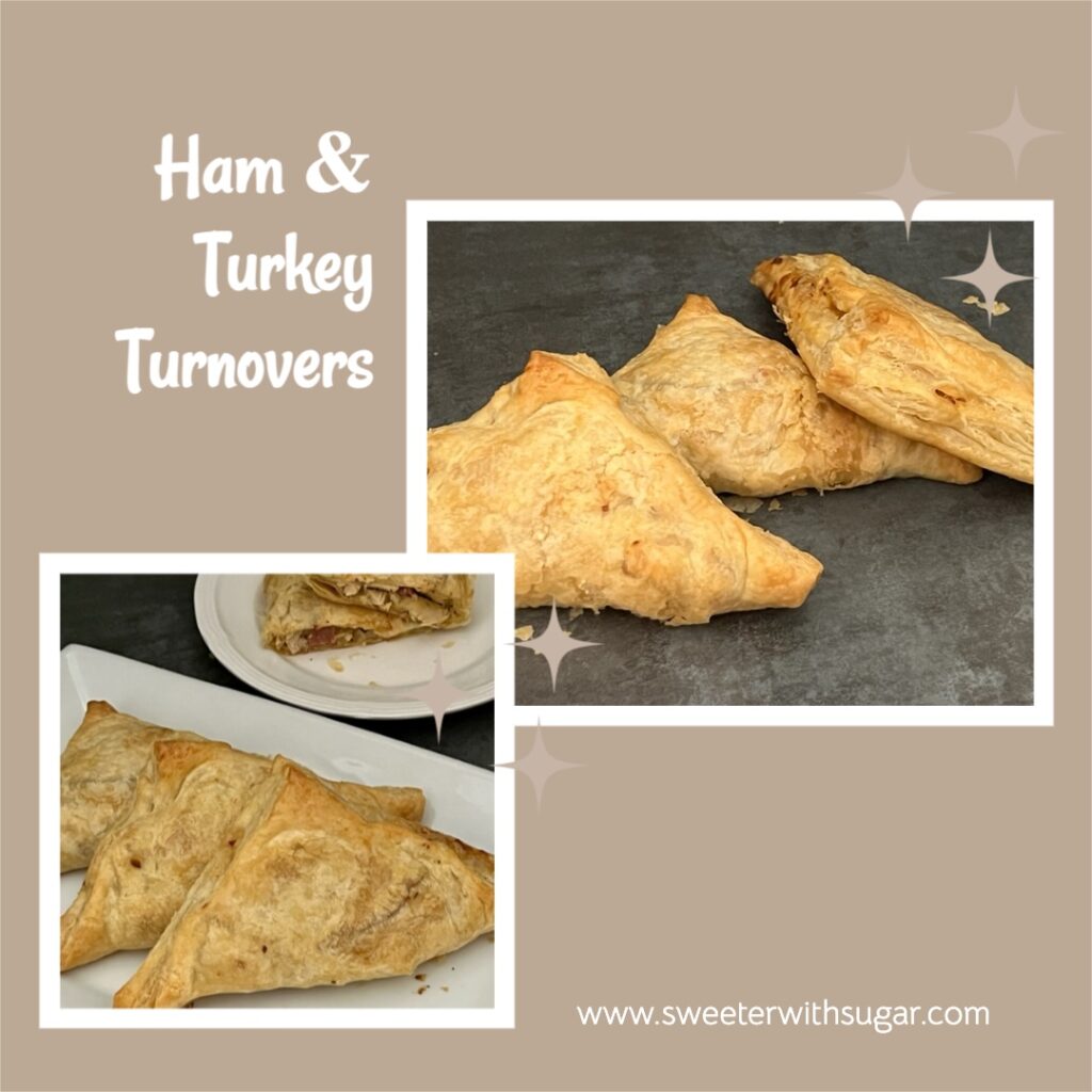 Ham and Turkey Turnovers are the perfect way to use diced turkey and ham that you have leftover from holiday dinners. The puff pastry makes these turnovers extra yummy. #Turnovers #HolidayLeftovers #HamRecipes #TurkeyRecipes #HolidayRecipes 