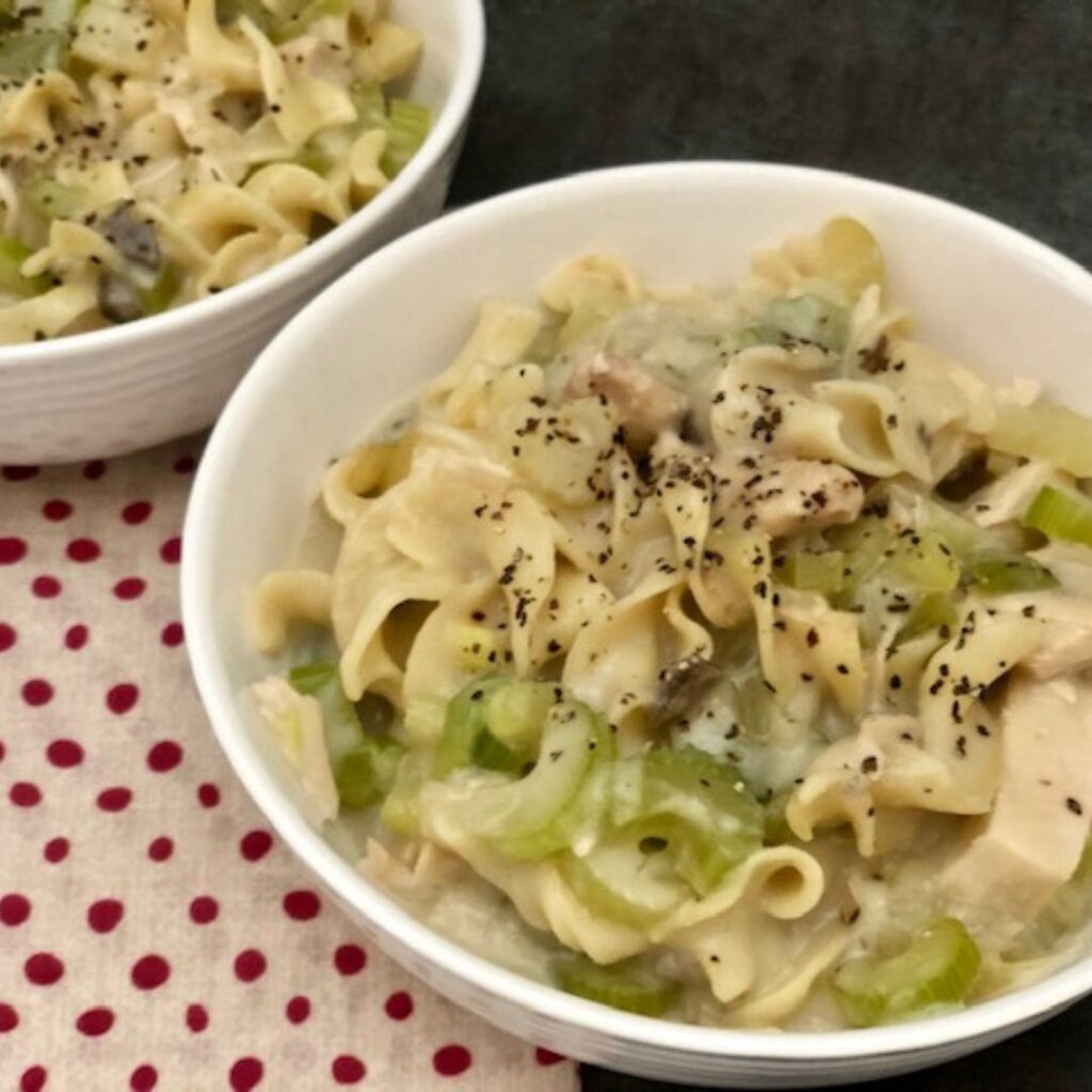 Chinese Chicken Casserole is an easy weeknight dinner recipe. This recipe also works great with turkey-a great way to use your leftover Thanksgiving turkey. #Turkey #Chicken #ThanksgivingLeftoverIdeas #Casseroles #ComfortFood