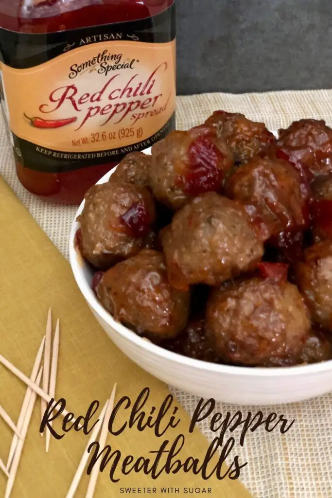 Red Chili Pepper Meatballs are a quick and easy appetizer that requires only two ingredients. Your guests will love the flavor of this Red Chili Pepper Spread on meatballs. #Appetizers #TwoIngredientRecipes #Meatballs #RedChiliPepper #PartyFood 