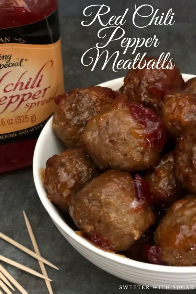 Red Chili Pepper Meatballs are a quick and easy appetizer that requires only two ingredients. Your guests will love the flavor of this Red Chili Pepper Spread on meatballs. #Appetizers #TwoIngredientRecipes #Meatballs #RedChiliPepper #PartyFood 