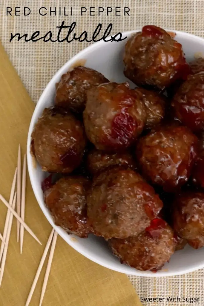 Red Chili Pepper Meatballs are a quick and easy appetizer that requires only two ingredients. Your guests will love the flavor of this Red Chili Pepper Spread on meatballs. #Appetizers #TwoIngredientRecipes #Meatballs #RedChiliPepper #PartyFood