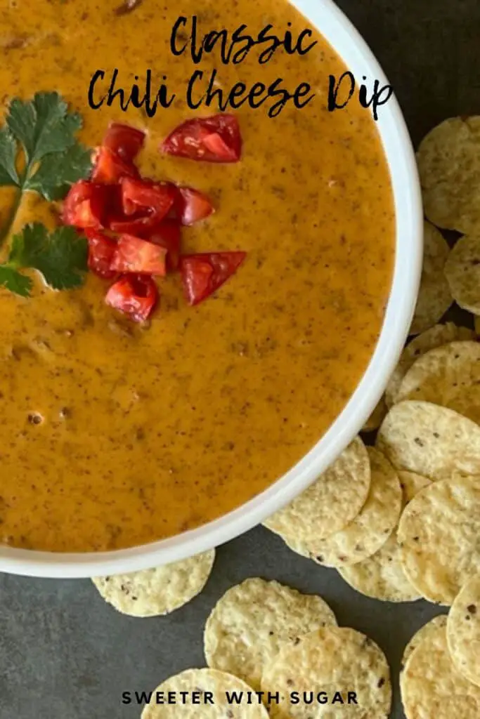 Classic Chili Cheese Dip is a simple dip that is perfect for parties or game nights. This dip just takes three ingredients and just 10 minutes. #ClassicDips #CheeseDips #ChiliCheeseDip #DipRecipes #Chili 