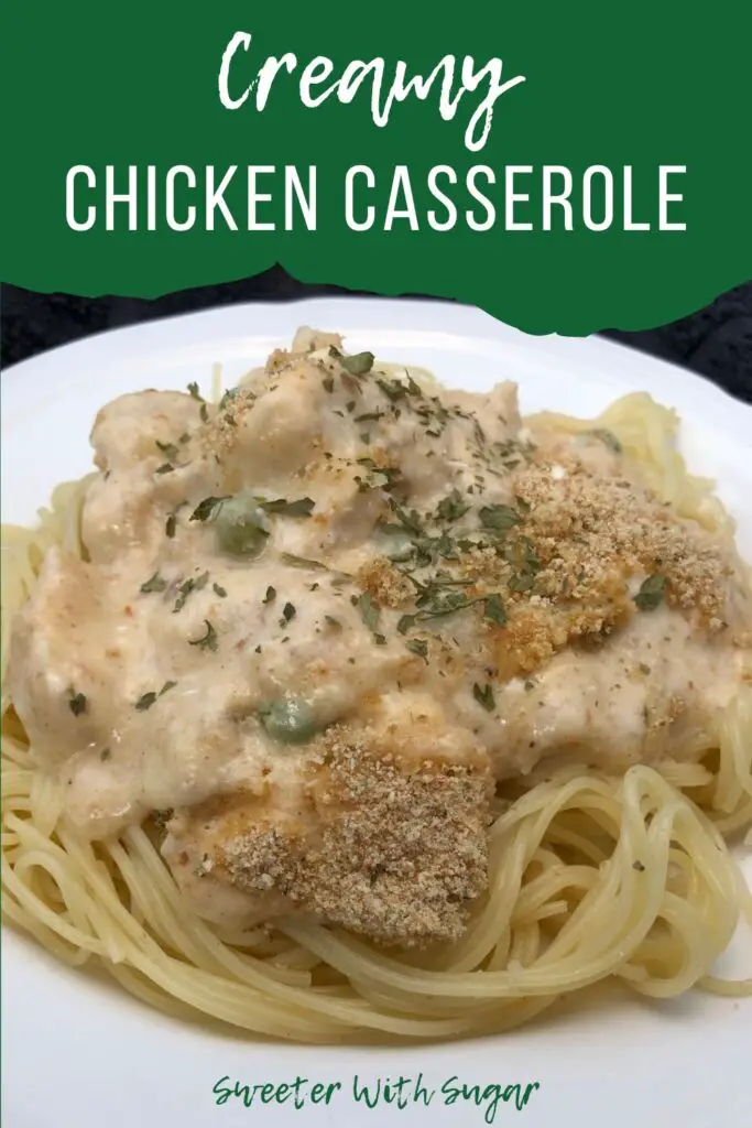 Creamy Chicken Casserole is an easy comfort food recipe. You can use rotisserie chicken to make it even easier. #ChickenRecipes #ComfortFood #CreamyChickenPasta #EasyDinners 