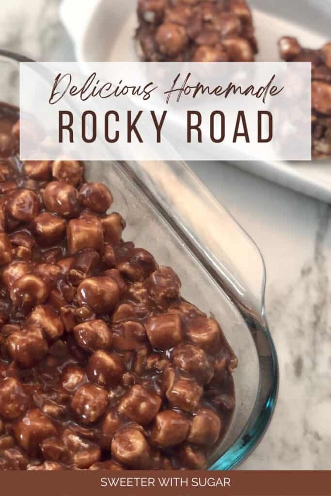 Rocky Road is a simple and quick candy recipe. It is sweet, chocolatey and gooey. Rocky Road is a fun holiday tradition your family will love.  #CandyRecipes #RockyRoad #Chocolate #Marshmallows #Almonds #Christmas #Holiday #Simple