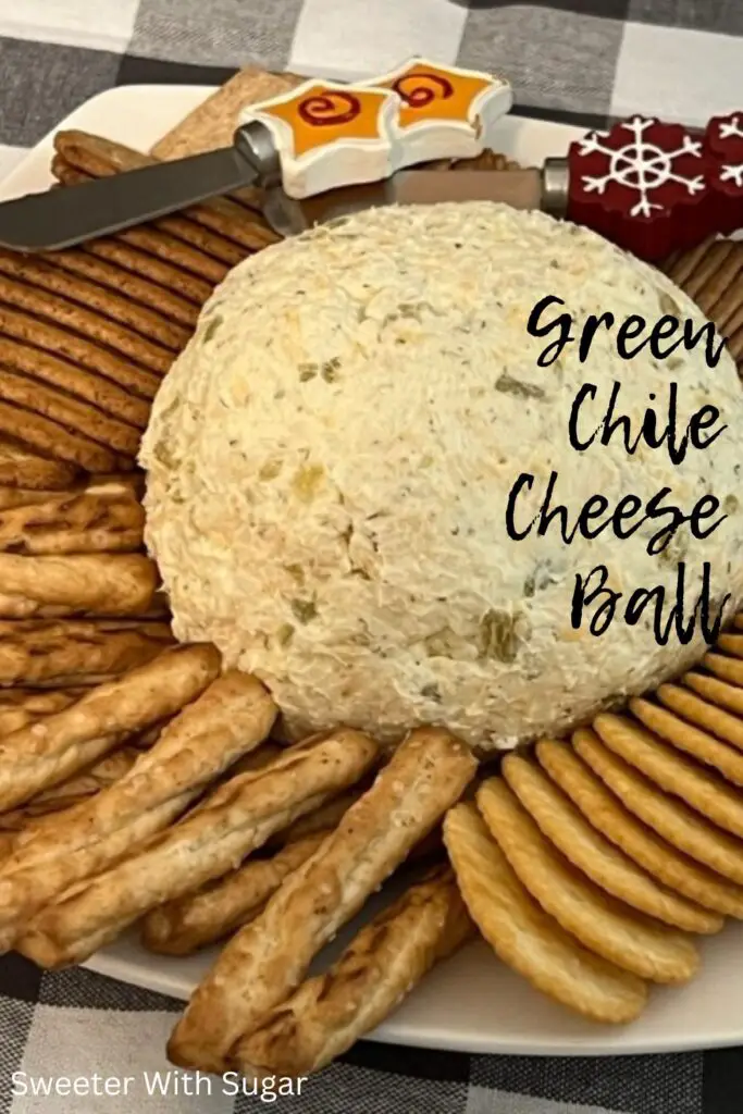 Green Chile Cheese Ball is a delicious party appetizer. It is creamy and flavorful. This cheese ball is perfect for New Year's Eve, Super Bowl parties-any get together. #CheeseBallRecipes #GreenChile #CheeseSpreads #PartyFood