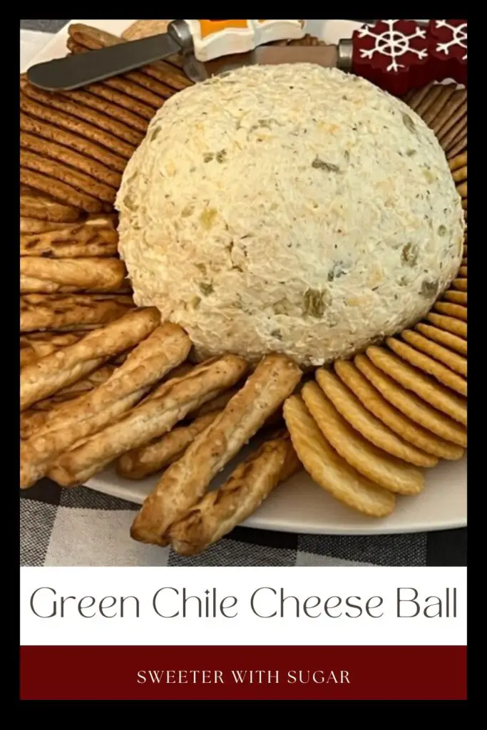 Green Chile Cheese Ball is a delicious party appetizer. It is creamy and flavorful. This cheese ball is perfect for New Year's Eve, Super Bowl parties-any get together. #CheeseBallRecipes #GreenChile #CheeseSpreads #PartyFood