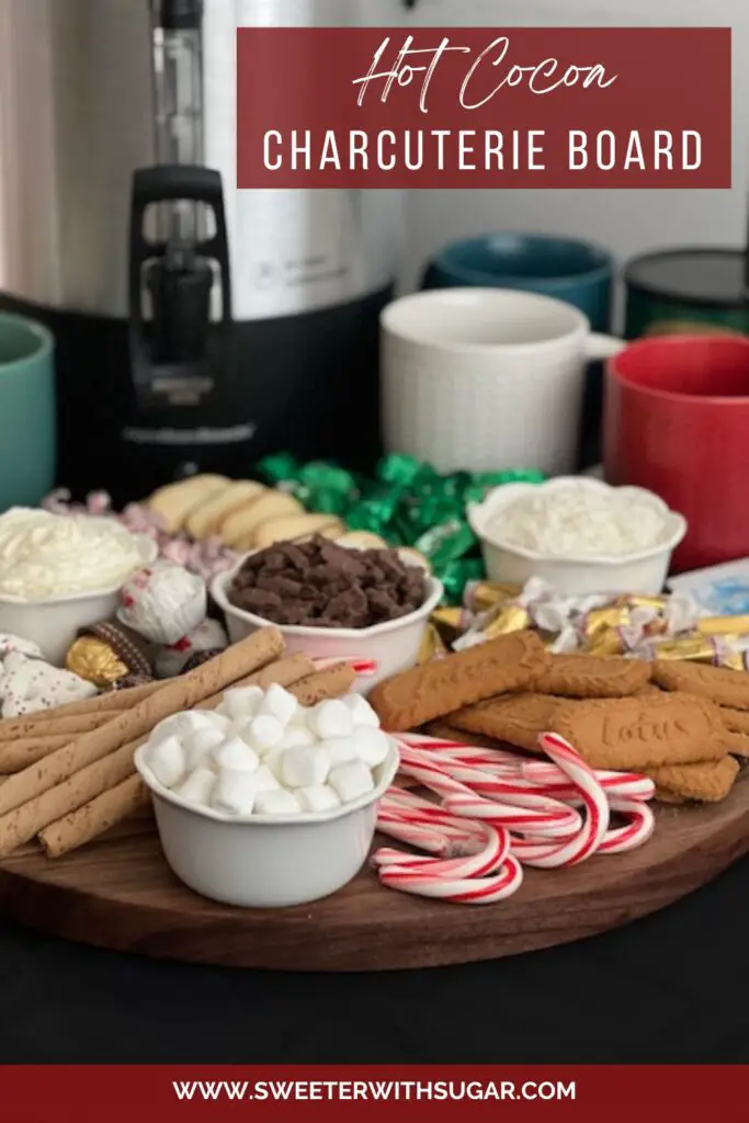 Hot Cocoa Charcuterie Board is a fun addition to any winter party. They are fun to fill with all kinds of chocolate, mint, caramel, strawberry, raspberry-anything fun and flavorful. #HotCocoa #CharcuterieBoards #PartyIdeas #Christmas #HolidayPartyIdeas #HotChocolate