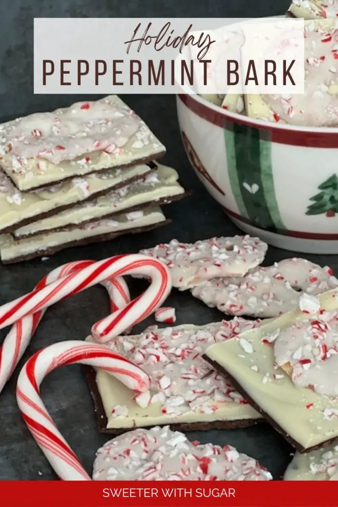 Peppermint Bark is a Christmas treat that is pretty and delicious! It is quick and easy to make. The dark and white chocolate with the peppermint is a perfect combination. #PeppermintBark #ChristmasCandy #DarkChocolate #WhiteChocolate #Peppermint #HolidayTreats