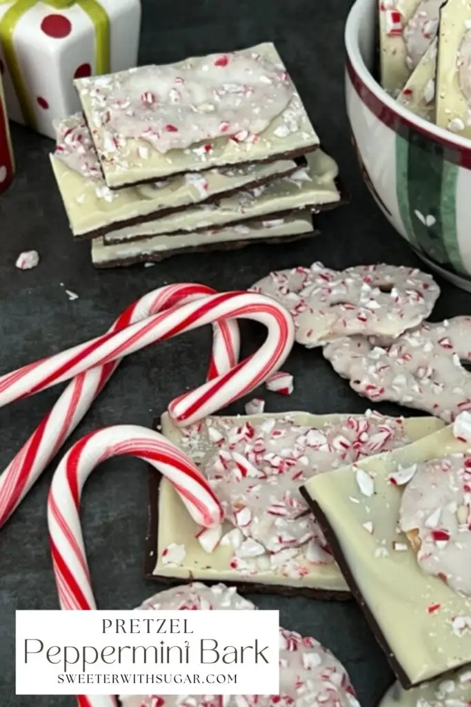 Peppermint Bark is a Christmas treat that is pretty and delicious! It is quick and easy to make. The dark and white chocolate with the peppermint is a perfect combination. #PeppermintBark #ChristmasCandy #DarkChocolate #WhiteChocolate #Peppermint #HolidayTreats