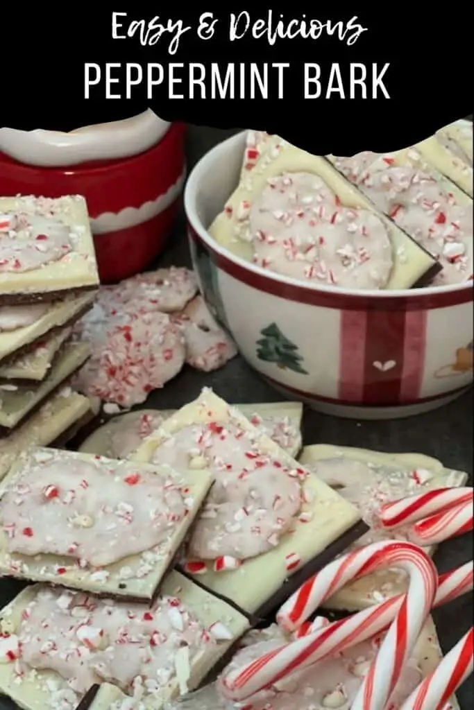 Peppermint Bark is a Christmas treat that is pretty and delicious! It is quick and easy to make. The dark and white chocolate with the peppermint is a perfect combination. #PeppermintBark #ChristmasCandy #DarkChocolate #WhiteChocolate #Peppermint #HolidayTreats