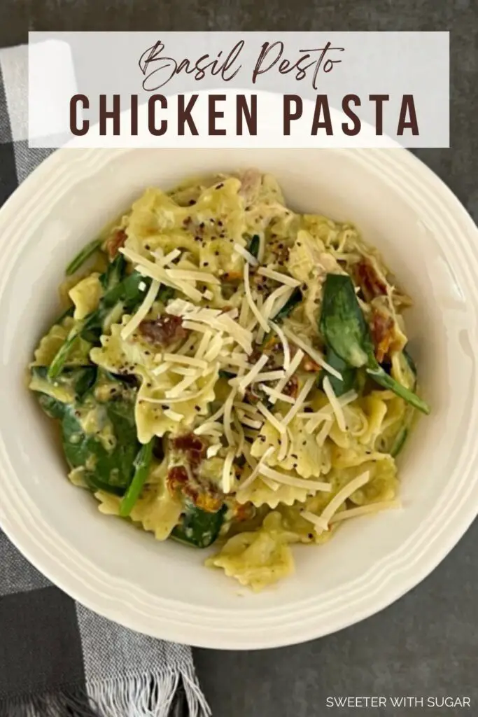 Basil Pesto Chicken Pasta is a one pot dinner recipe you will love! It is quick to make and very flavorful. #Pasta #OnePanMeals #Basil #Pesto #ComfortFood #RotisserieChicken #ChickenDinner