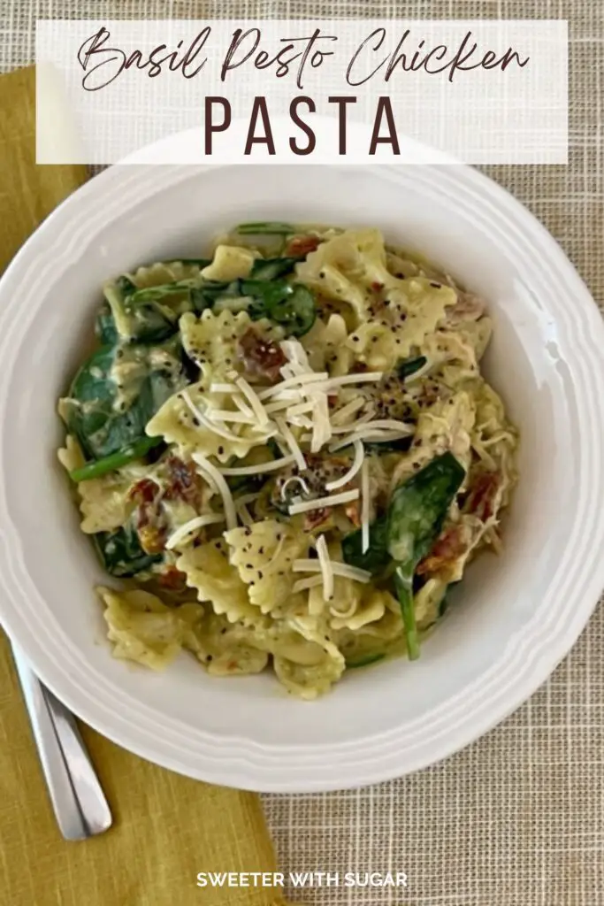 Basil Pesto Chicken Pasta is a one pot dinner recipe you will love! It is quick to make and very flavorful. #Pasta #OnePanMeals #Basil #Pesto #ComfortFood #RotisserieChicken #ChickenDinner