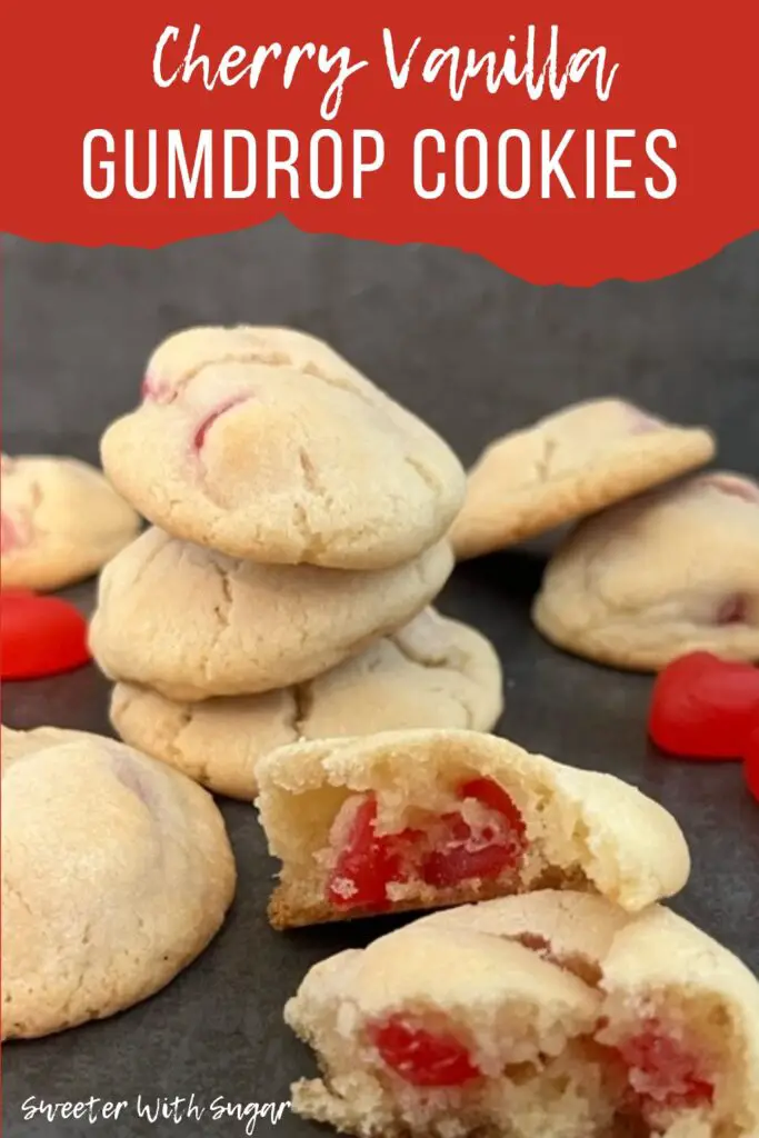 Cherry Vanilla Gumdrop Cookies are an old fashioned classic cookie you will love. They are perfect for Valentine's Day! #ValentinesDayRecipes #GumdropCookies #ClassicCookies #OldFashionedRecipes #ValentineIdeas #JuJuHearts