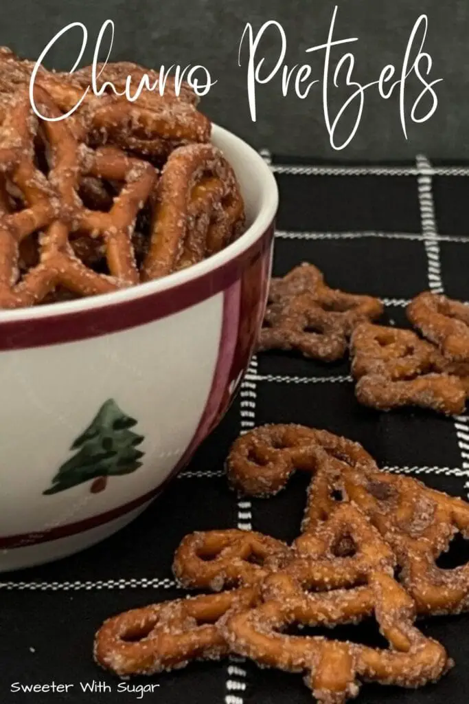 Churro Pretzels are a fun and yummy snack for the holidays or any time. These pretzels are simple to make with very few ingredients. #Churro #Pretzels #ChurroSnacks #EasyGifts #PartyFood #HolidayRecipes
#ChurroPretzels