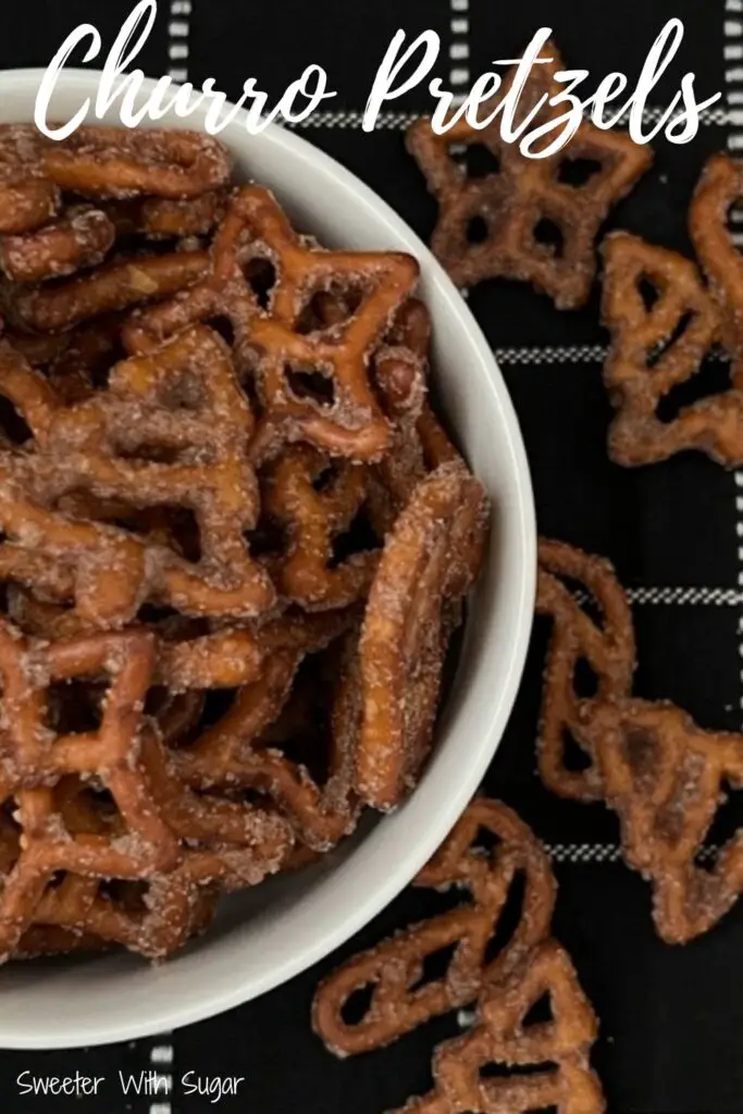 Churro Pretzels are a fun and yummy snack for the holidays or any time. These pretzels are simple to make with very few ingredients. #Churro #Pretzels #ChurroSnacks #EasyGifts #PartyFood #HolidayRecipes
#ChurroPretzels