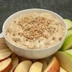 Apple Brickle Dip is a quick and delicious dip for fall or anytime! It is rich and creamy. It tastes great on sliced apples. #FallRecipes #AppleBrickleDip #ToffeeDip #CreamCheeseDip #AppleDip