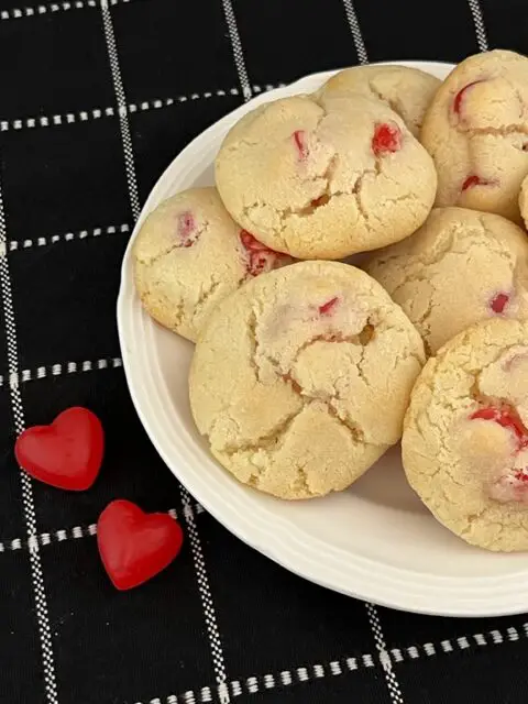 Cherry Vanilla Gumdrop Cookies are an old fashioned classic cookie you will love. They are perfect for Valentine's Day! #ValentinesDayRecipes #GumdropCookies #ClassicCookies #OldFashionedRecipes #ValentineIdeas #JuJuHearts
