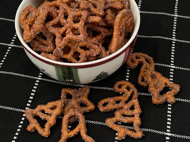 Golden baked pretzels coated in cinnamon sugar and butter.