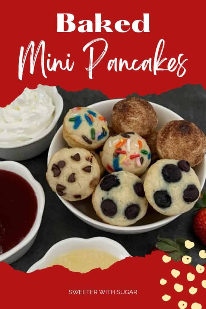 Mini Pancakes are a fun and yummy breakfast idea you can eat with your hands. They are quick to make-you bake them all at once. This is an easy breakfast recipe. #Pancakes #BakedPancakes #EasyRecipes #KidFriendly #FunBreakfastIdeas