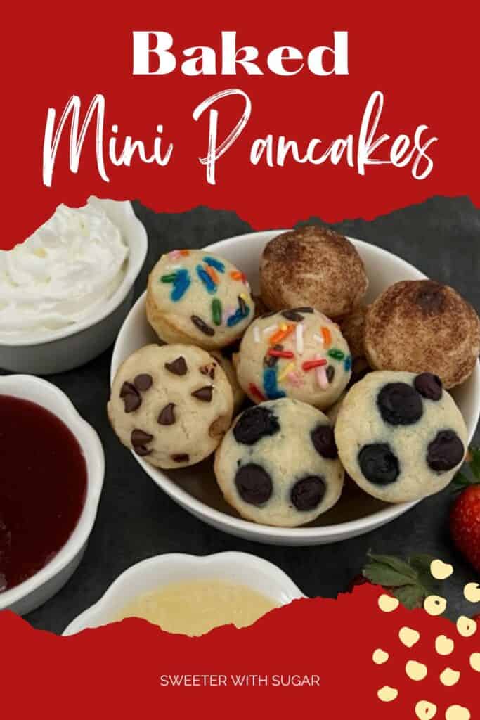 Mini Pancakes are a fun and yummy breakfast idea you can eat with your hands. They are quick to make-you bake them all at once. This is an easy breakfast recipe. #Pancakes #BakedPancakes #EasyRecipes #KidFriendly #FunBreakfastIdeas 