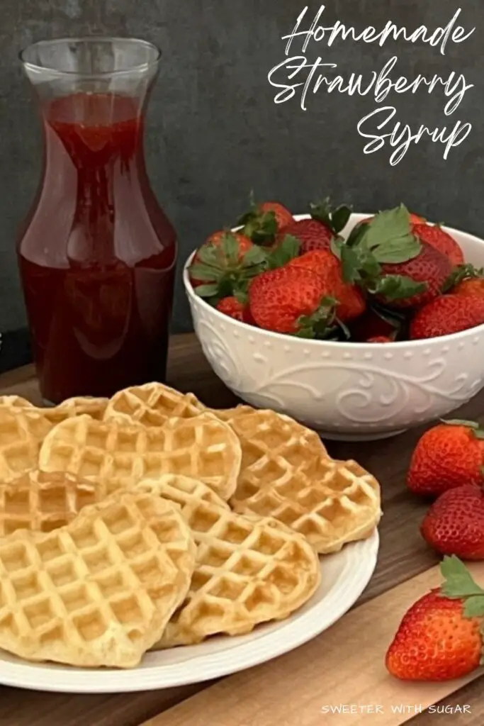 Strawberry Syrup is simple to make and tastes great on pancakes, waffles and French toast. Homemade syrup tastes best! #HomemadeSyrup #Syrup #Condiments #StrawberrySyrup #Strawberry #BreakfastRecipes #BreakfastSyrup