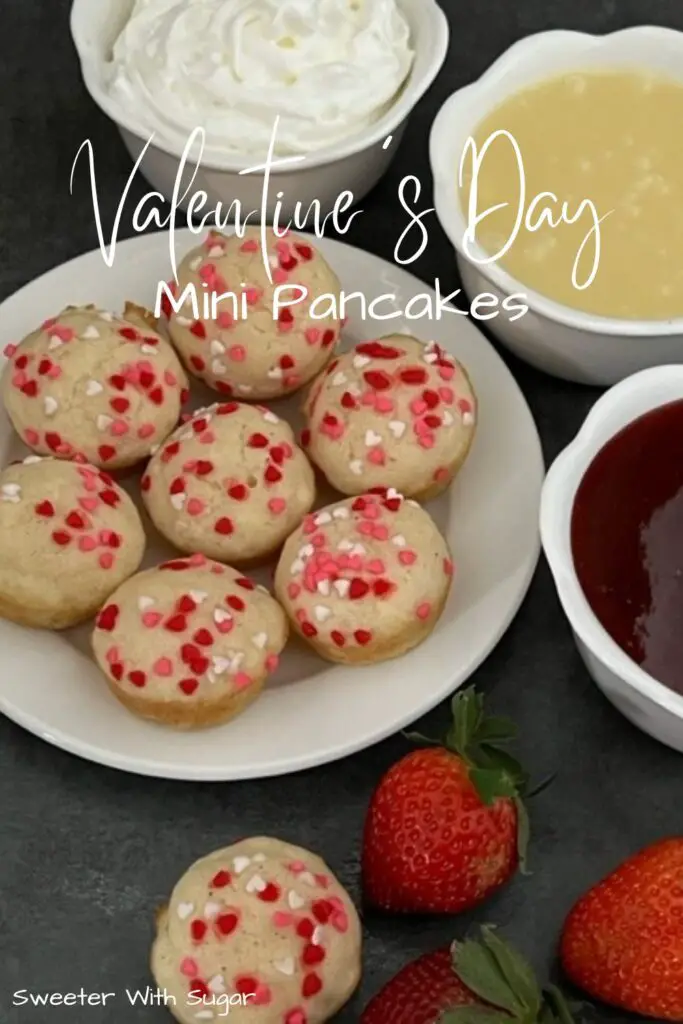 Valentine's Day Mini Pancakes are an easy and fun breakfast idea for Valentine's Day. The kids will love dipping them in syrup. #Pancakes #ValentinesDayIdeas #ValentineRecipes #EasyBreakfastRecipes #BakedPancakes