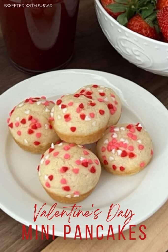 Valentine's Day Mini Pancakes are an easy and fun breakfast idea for Valentine's Day. The kids will love dipping them in syrup. #Pancakes #ValentinesDayIdeas #ValentineRecipes #EasyBreakfastRecipes #BakedPancakes