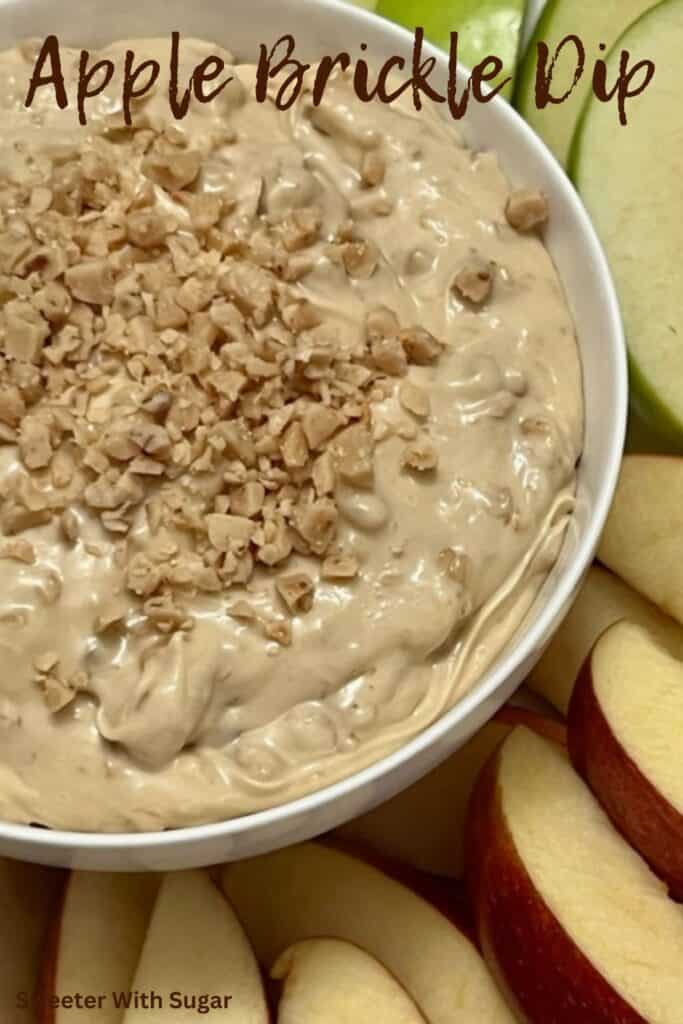 Apple Brickle Dip is a quick and delicious dip for fall or anytime! It is rich and creamy. It tastes great on sliced apples. #FallRecipes #AppleBrickleDip #ToffeeDip #CreamCheeseDip #AppleDip