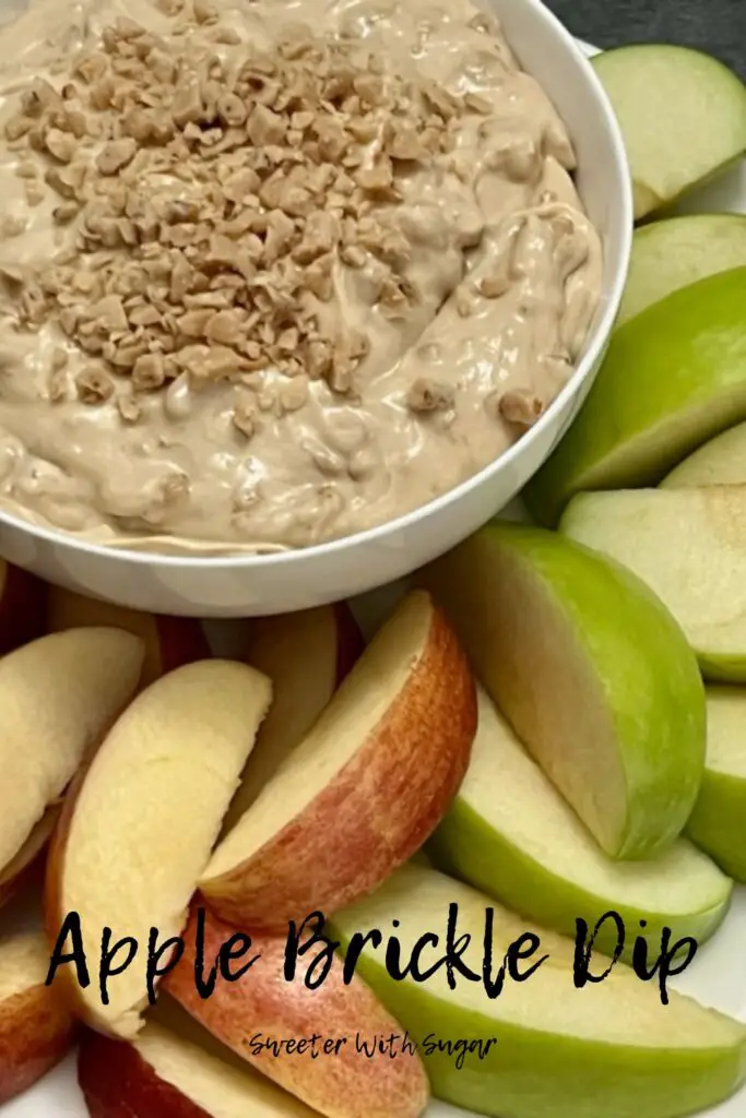 Apple Brickle Dip is a quick and delicious dip for fall or anytime! It is rich and creamy. It tastes great on sliced apples. #FallRecipes #AppleBrickleDip #ToffeeDip #CreamCheeseDip #AppleDip