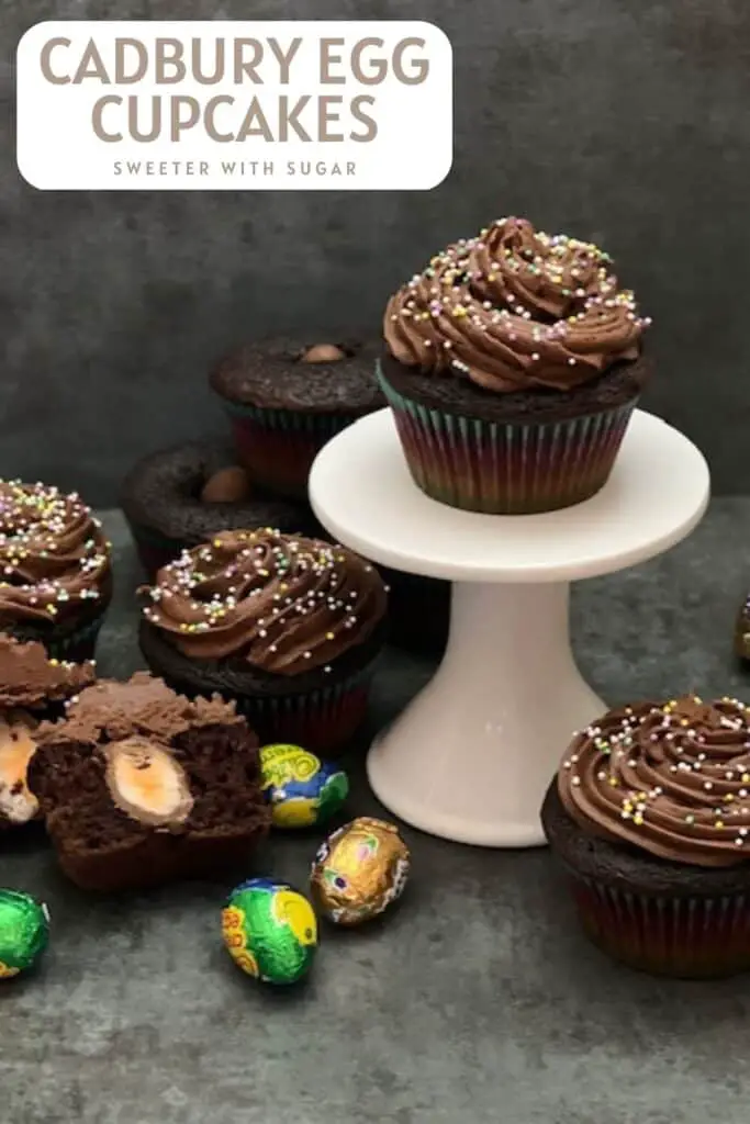 Cadbury Egg Cupcakes are a simple dessert recipe for your Easter celebration. The chocolate cupcake with a Cadbury Egg inside plus the chocolate buttercream makes these cupcakes delicious! #CadburyEggs #ButterCreamFrosting #EasterEggHuntIdeas #FilledCupcakes #ChocolateCupcakes #EasterRecipes