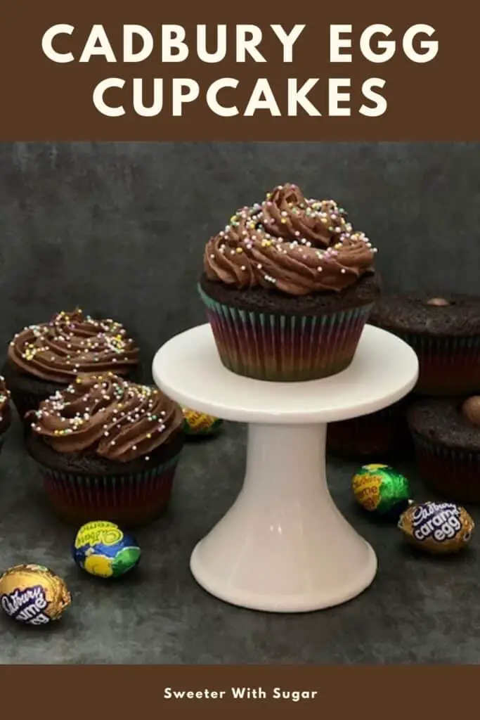 Cadbury Egg Cupcakes are a simple dessert recipe for your Easter celebration. The chocolate cupcake with a Cadbury Egg inside plus the chocolate buttercream makes these cupcakes delicious! #CadburyEggs #ButterCreamFrosting #EasterEggHuntIdeas #FilledCupcakes #ChocolateCupcakes #EasterRecipes