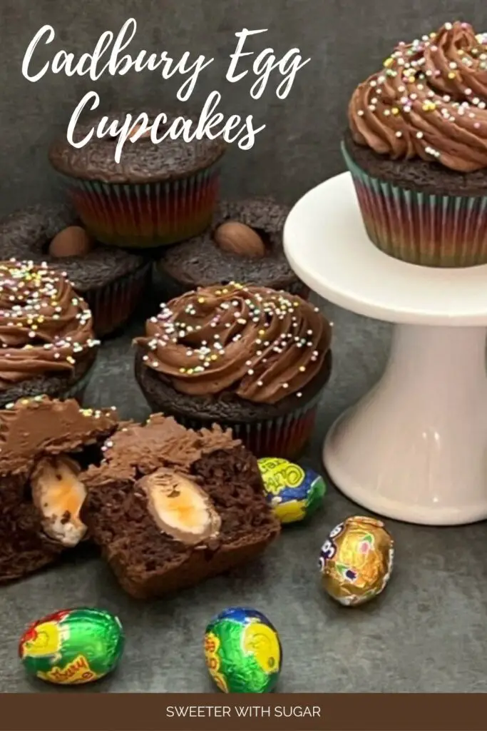 Cadbury Egg Cupcakes are a simple dessert recipe for your Easter celebration. The chocolate cupcake with a Cadbury Egg inside plus the chocolate buttercream makes these cupcakes delicious! #CadburyEggs #ButterCreamFrosting #EasterEggHuntIdeas #FilledCupcakes #ChocolateCupcakes #EasterRecipes