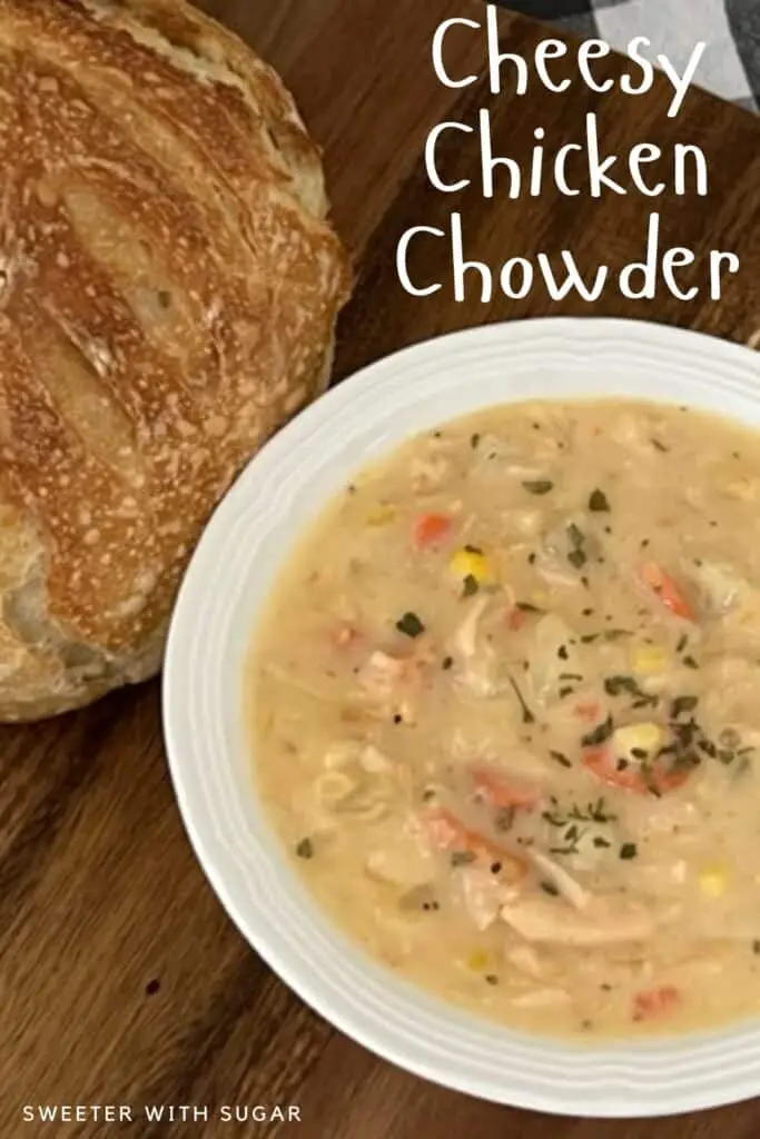 Cheesy Chicken Chowder is an easy slow cooker meal. It is thick and creamy. It is filled with chicken and vegetables. #Chowder #SlowCooker #SoupRecipes #CheesySoup #CrockPotSoup #CreamyVegetableSoup